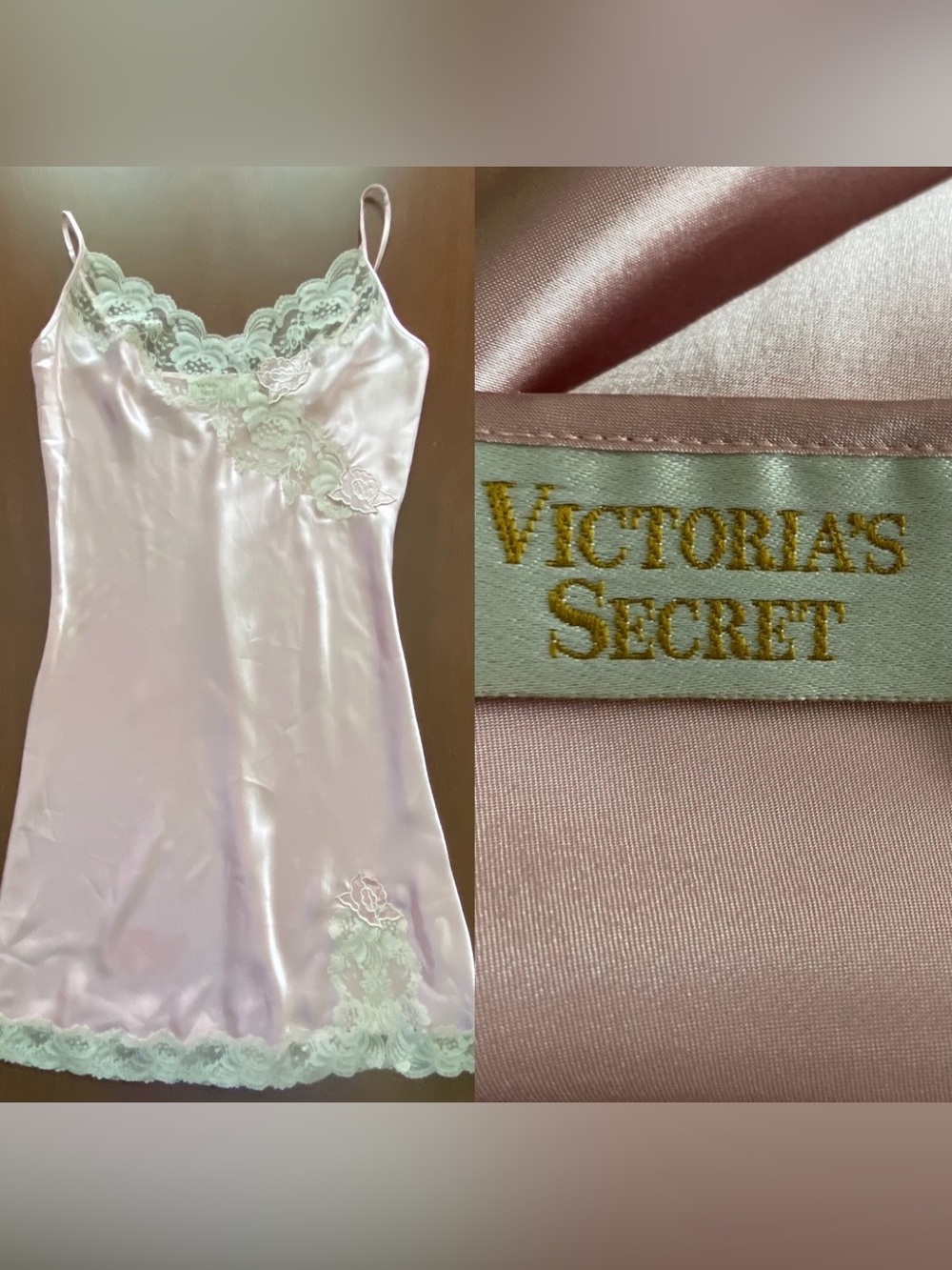 Vintage Victoria Secret Gold Label Pink & Cream Lace Trim Slip Dress Size Med